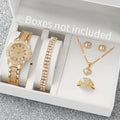6Pcs Fashion Full Diamond Women'S'S Watch Gold Steel Band Analog Quartz Watches Jewelry Set（Without Box）