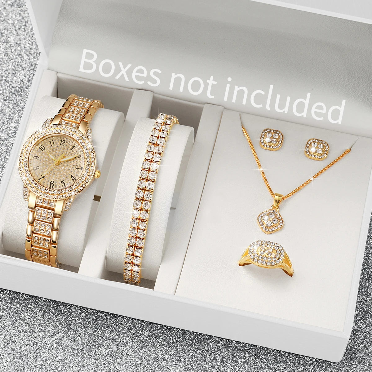 6Pcs Fashion Full Diamond Women'S'S Watch Gold Steel Band Analog Quartz Watches Jewelry Set（Without Box）