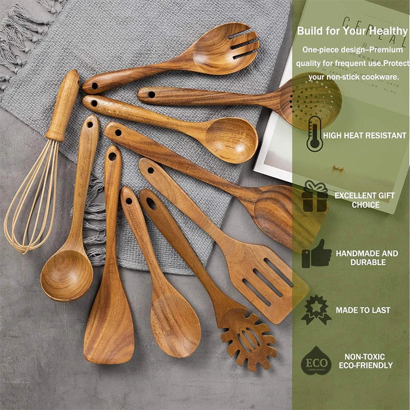 LMETJMA 10 Unidades de Utensilios de Cocina de Madera de Teca Natural, Juego de Cucharas y Espátulas de Madera para Cocinar y Hornear JT503
