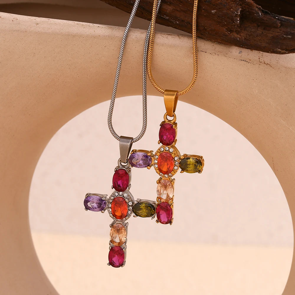 E.B.belle Colorful Rhinestone Cross Pendant Necklace Snake Chain Waterproof Stainless Steel Fashion Jewelry For Women Girls