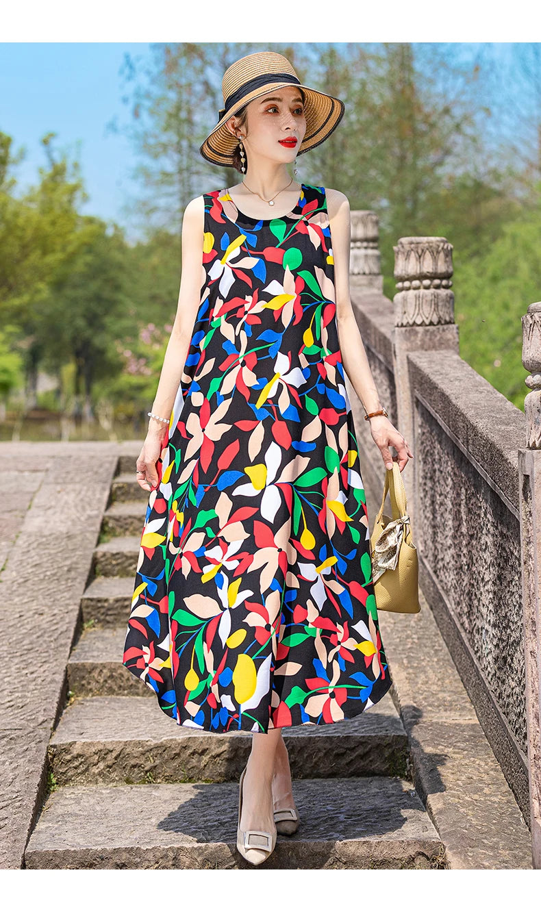 New Women Summer Dresses Vintage Dress FashionRobe Plus Size Sleeveless Femme Casual Print Dresses