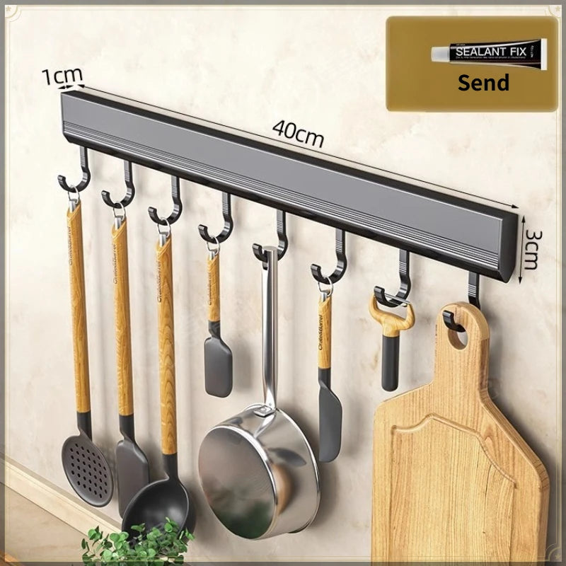 Gancho de cocina sin perforaciones, montaje en pared, organizador de almacenamiento de aluminio, fuerte capacidad de carga, soporte multifuncional para utensilios de cocina