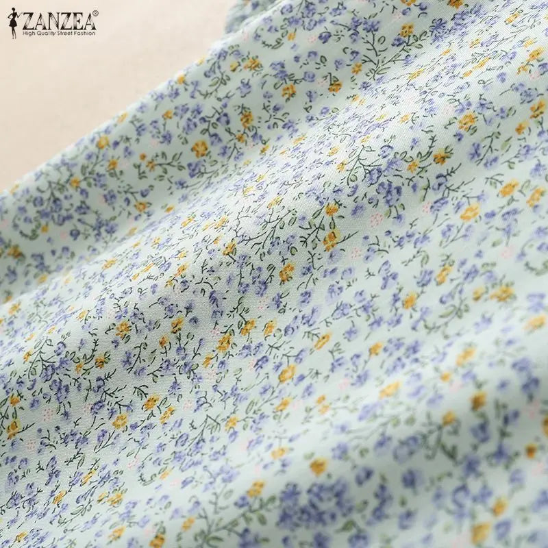ZANZEA Women's Floral Printed Midi Dress Square Neck Half Puff Sleeve A-Line Dresses Summer Pullover Ruffled Hem Robes Femme