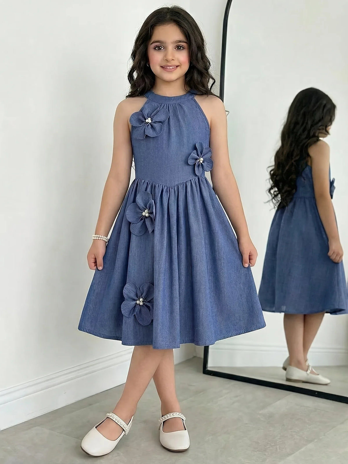 Kids Girls Sleeveless Halter Dress 3D Pearl Floral Applique Denim A‑Line Midi Dress 4‑12 Years Old for Wedding Guest Birthday Party