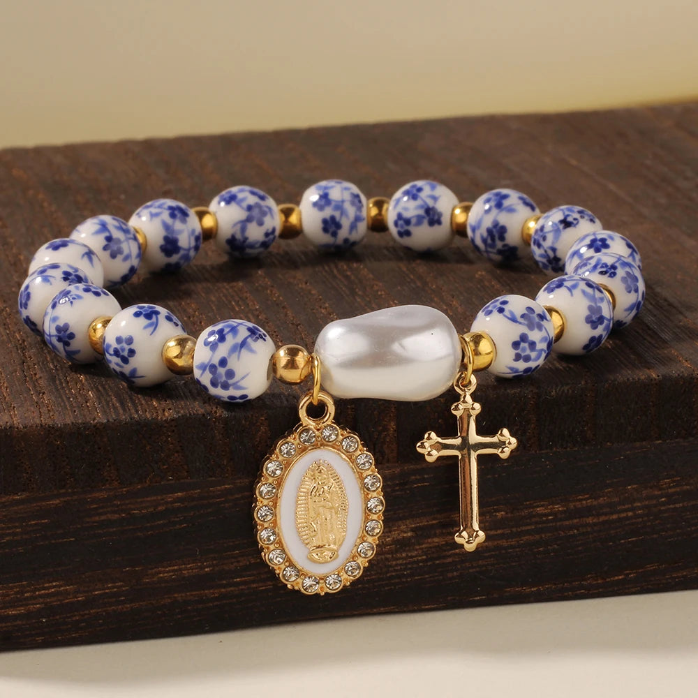 Jesus Cross Bracelet Women'S Men Blue White Porcelain Ceramics Beads Ascension Day Western Wear Pulseras Spring Summer Jewelry