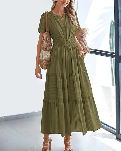 Summer Solid Color V-neck Tight Waist Dress French Style Elegant Pleated Large Swing Long Dress Casual Vacation Style Slimming M