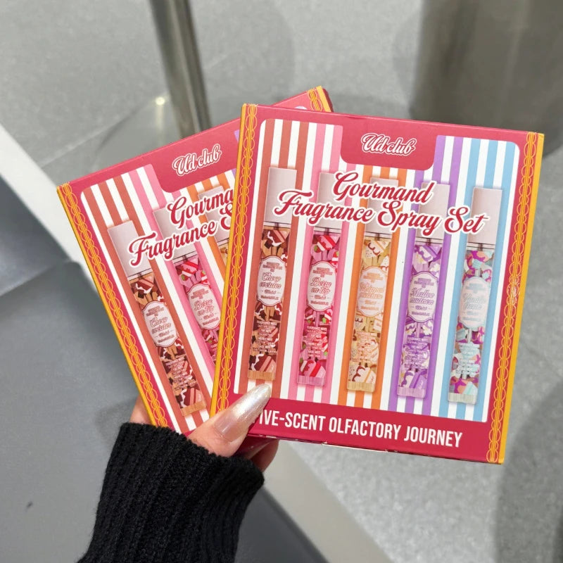 5pcs Gourmand Perfum Set Long Lasting Sweet Vanilla Cake Scent Mini Portable Fragrance Spray Set For Women