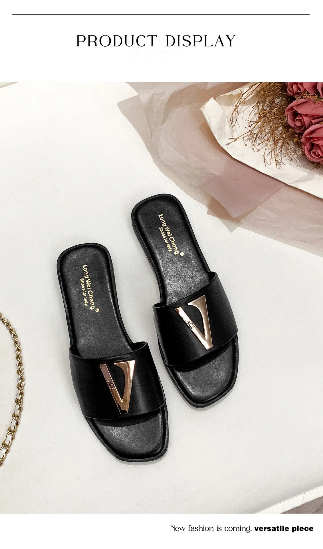 Women's Metal Letter Decorative Flat Slippers - Casual Beach Shoes