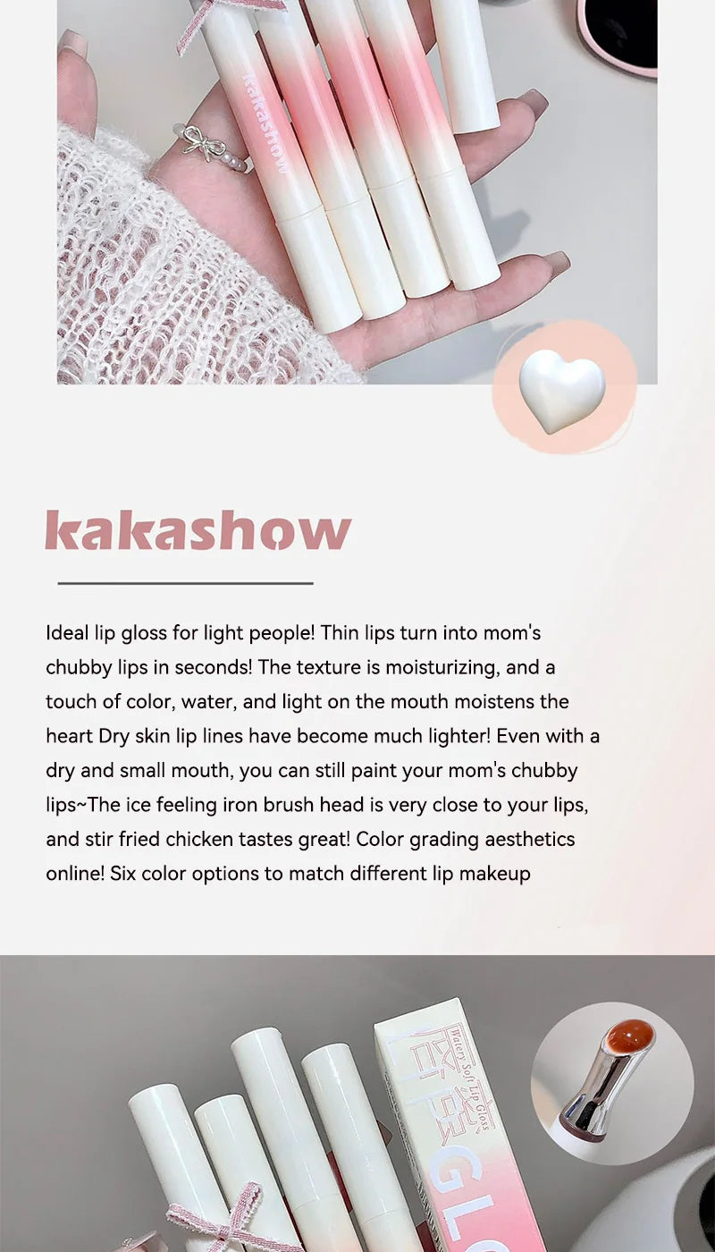 Kakashow Mirror Watery Lip Gloss Iron Brush Head Jelly Lipgloss Moisturizing Lip Tint Lipstick Nature Nude Lips Makeup Cosmetics