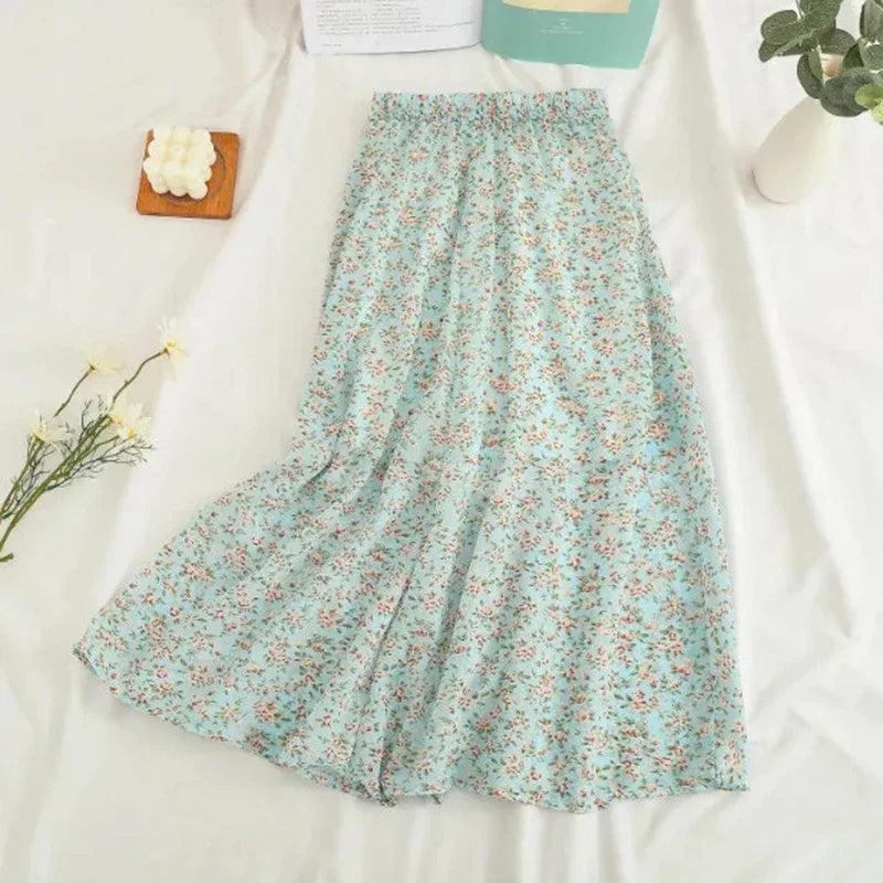 Women's Korean Style Floral Chiffon Midi Skirt – High Waist Loose A-Line Summer Skirt