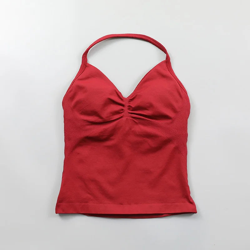 No Logo Longline Strappy Top Women Seamless Yoga Tank Top Ruched Backless Gym Clothes Workout Sleeveless Shirt With Built In Bra
