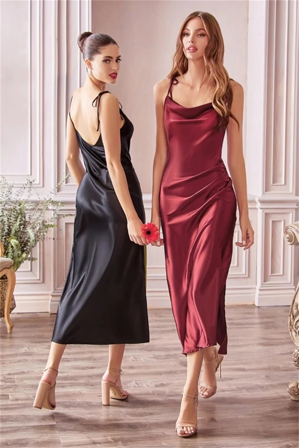 Sage Green Cowl Neck Satin Midi Dress
