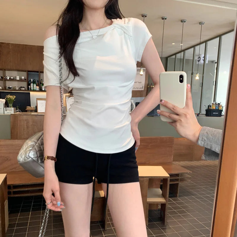 Slim Fit Short Sleeve T-Shirt Women Summer New Style Shoulder Bared Neckline Gathered Waist Elastic Band Casual Style Top