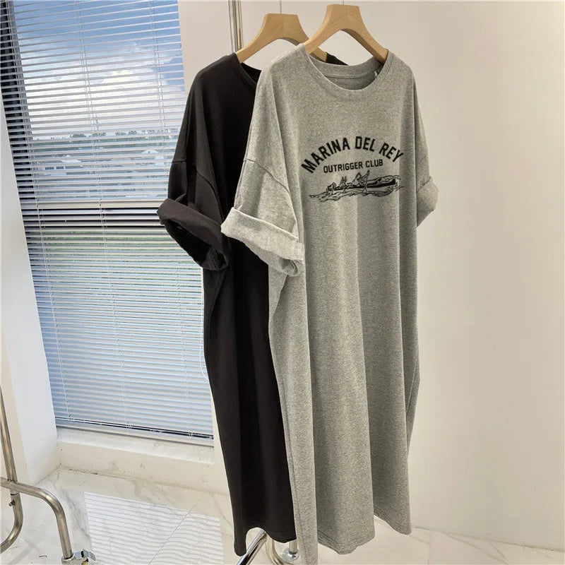 Women's Plus Size Printed T-Shirt Dress - Round Neck, Short Sleeves, Loose Fit
