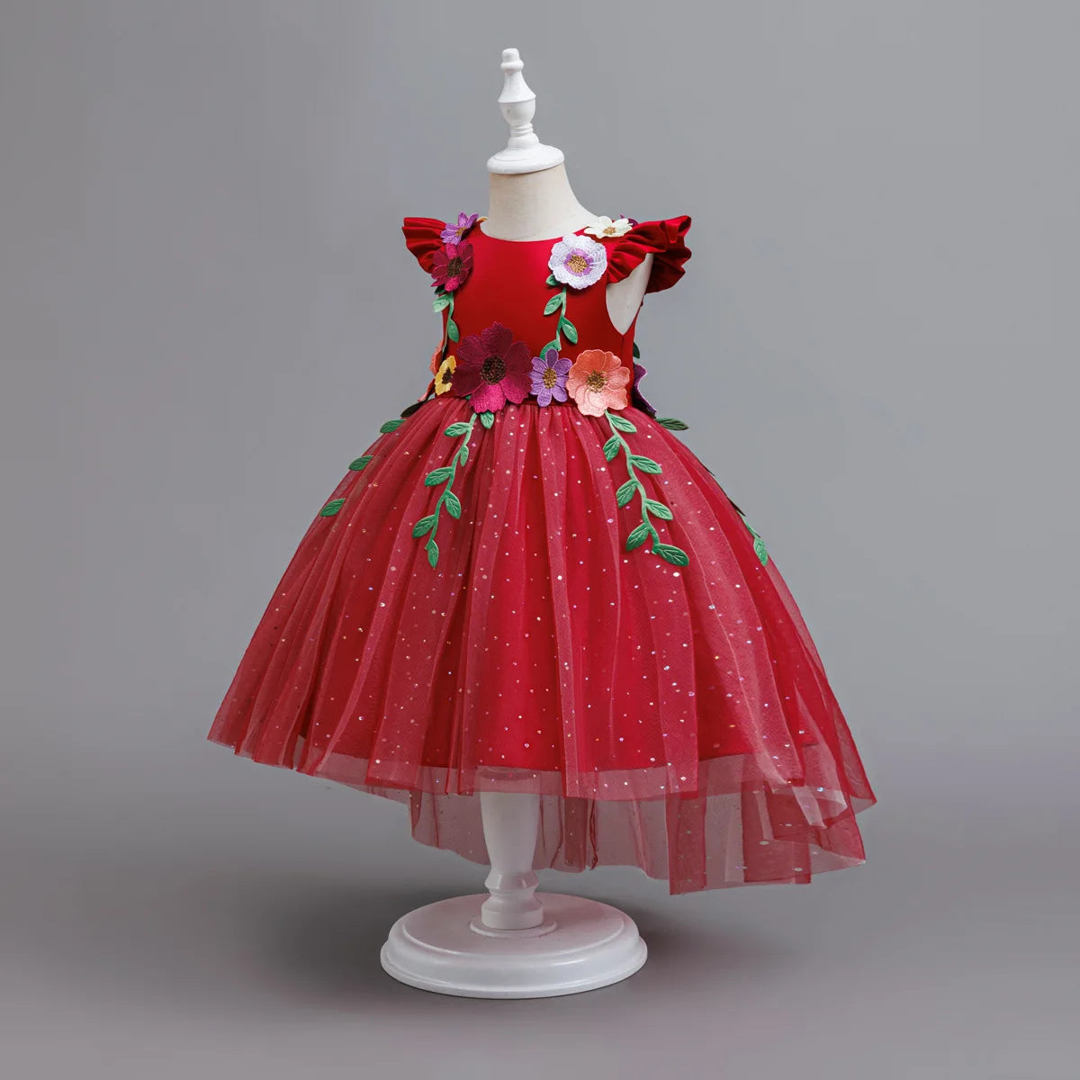 HETISO Princess Dress for Girls Red Christmas Lace Dots Embroidery 3D Flower Formal Party Birthday Gown Kids 2-10 Years