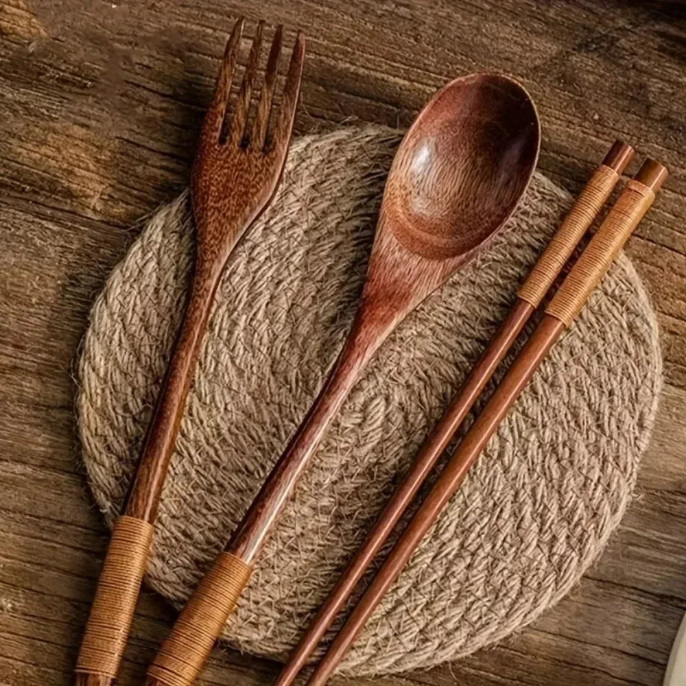3-Piece Japanese Style Fashionable Wooden Cutlery Set - Includes Spoon Chopsticks And Fork for Elegant Dining Experience