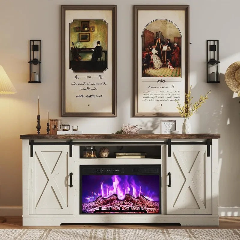 AMERLIFE Fireplace TV Stand with Sliding Barn Door Farmhouse Fireplace Entertainment Center with Storage Cabinets/Adjustable