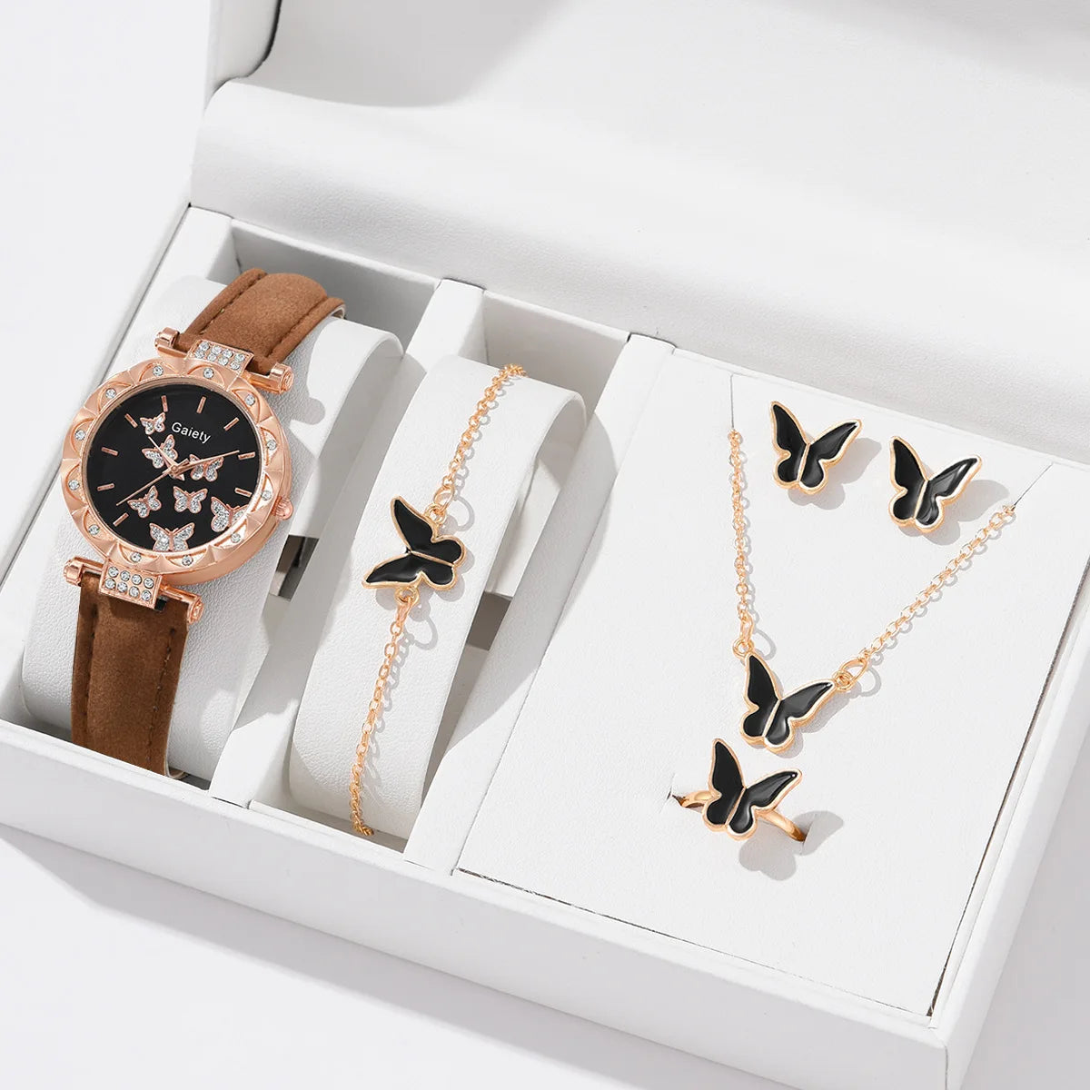 Butterfly Jewelry Set For Women Elegant Leather Watch Ring Necklace Earrings Bracelet Wedding Gift