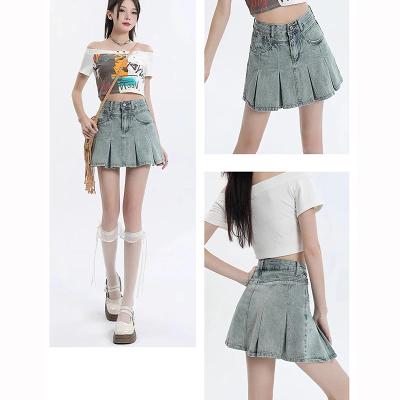 Summer Women Retro Chic High Waist Skirts Lady Designer Wrap Hip Thin Mini Jeans Skirts Girls Fashion Solid Denim Dress