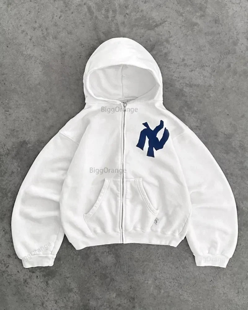 Y2K Harajuku Fashion Letter Pattern Printed Hooded Sweatshirt Hip Hood Casual Loose Men And Women'S Oversized Zipper Sweatshirt