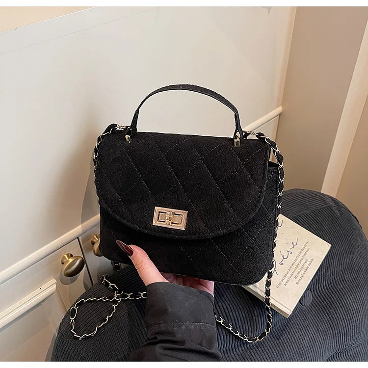 Diamond Grid Chain Crossbody Bag One Shoulder Purse Trendy Flip Top Clutch Women's Fashion Suede Leather Casual Shoulder Bag