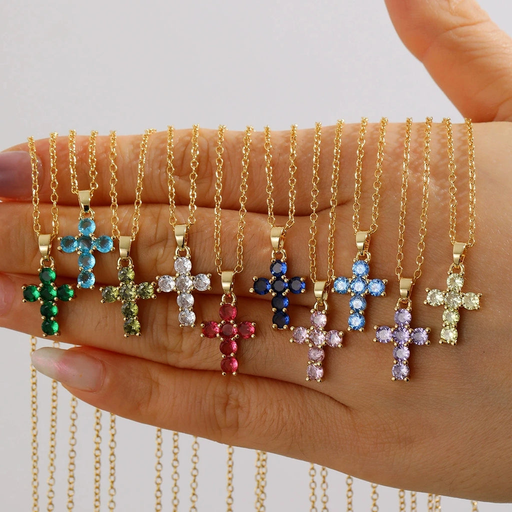 Birthstone Necklace 18K Gold Plated Zircon Necklace Cross Pendant Necklace For Women'S
