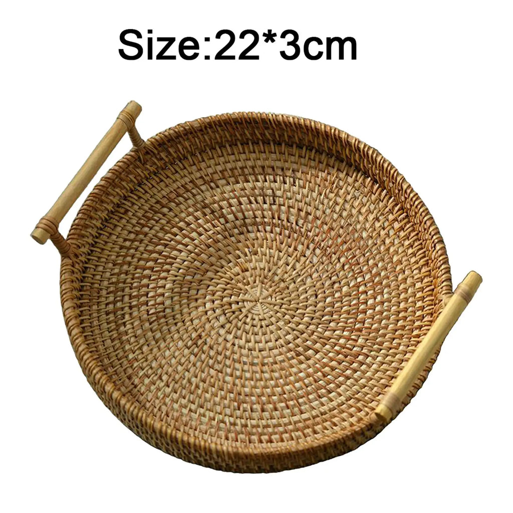 Hand-Woven Basket Storage Tray with Handles Food Tea Decorative