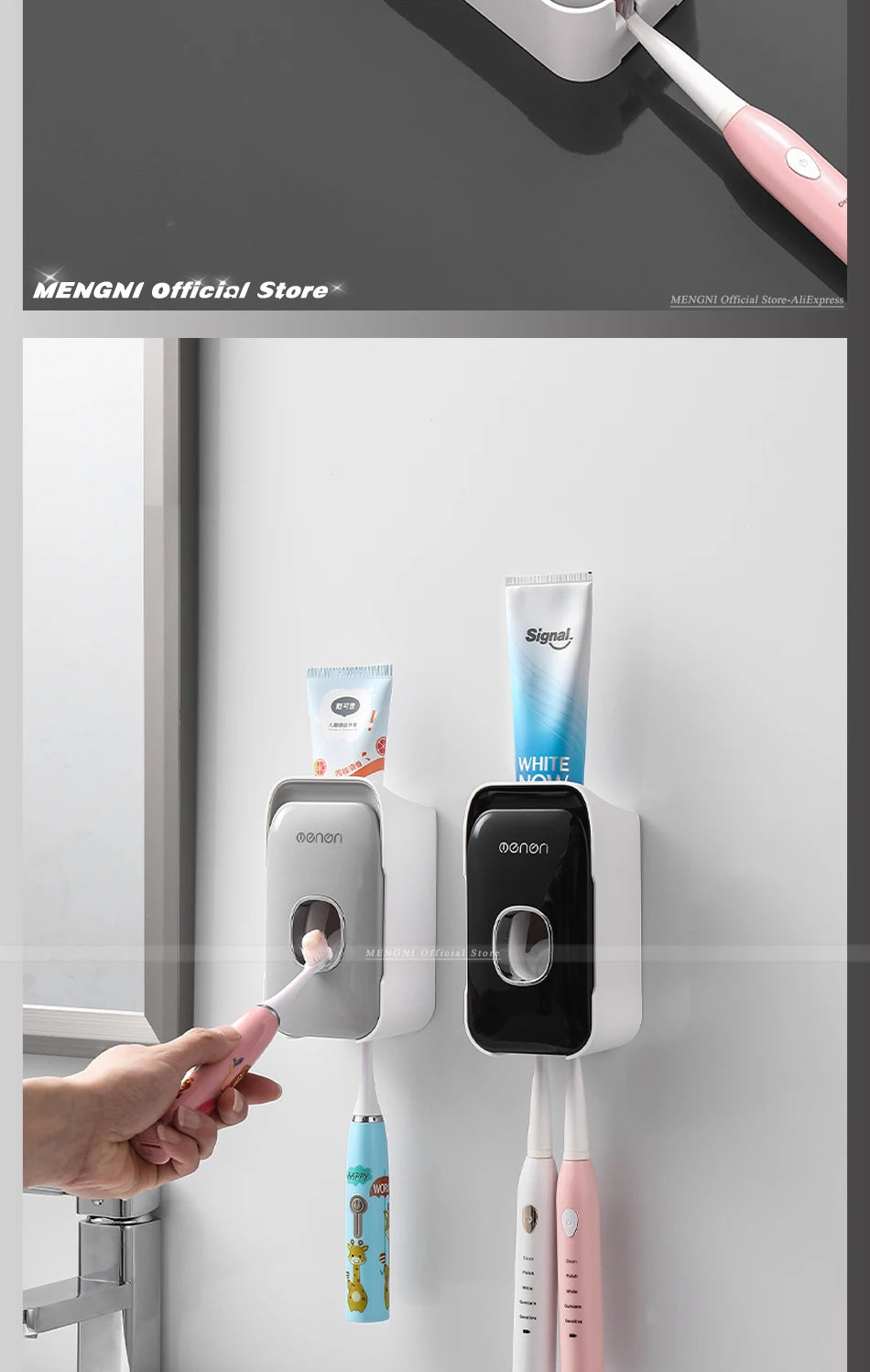 MENGNI Dispensador de pasta dental montado en la pared, exprimidor de pasta dental para baño sin perforaciones, soporte para cepillos de dientes, funcionamiento manual