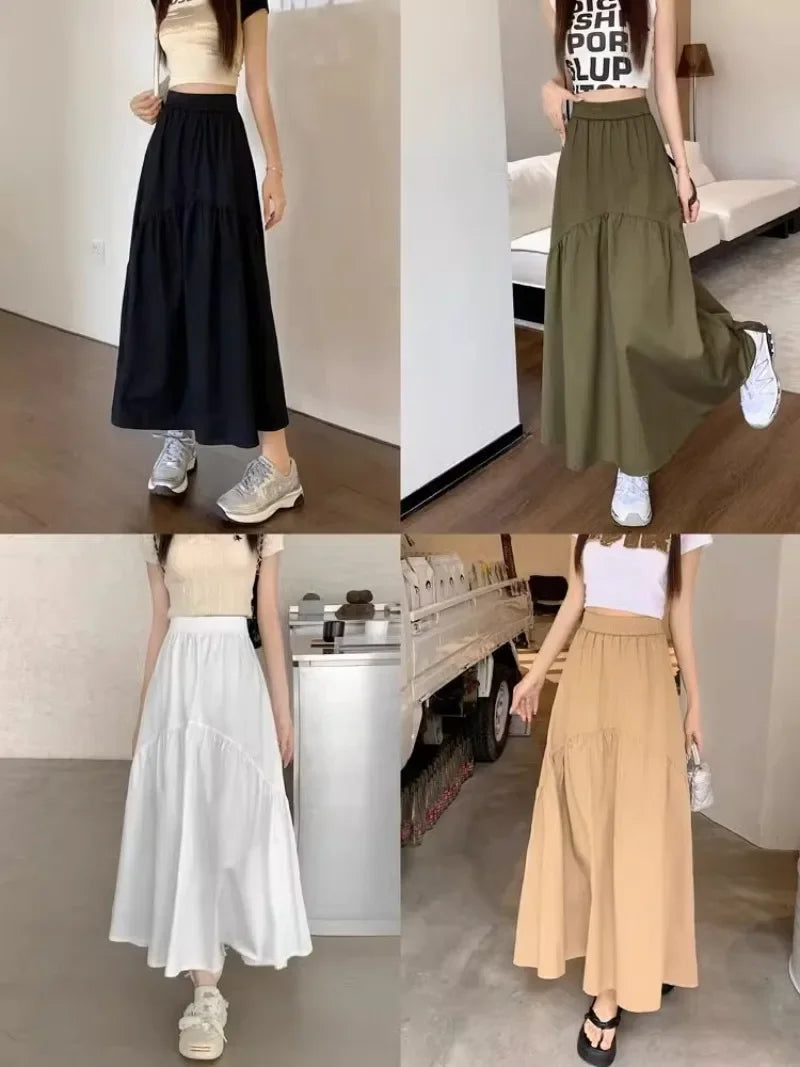 Elegant Women's Skirt Autumn New A-line Simple Fashion Solid Color Bustier Korean Pleated Splicing Elastic Waist Long Skirt