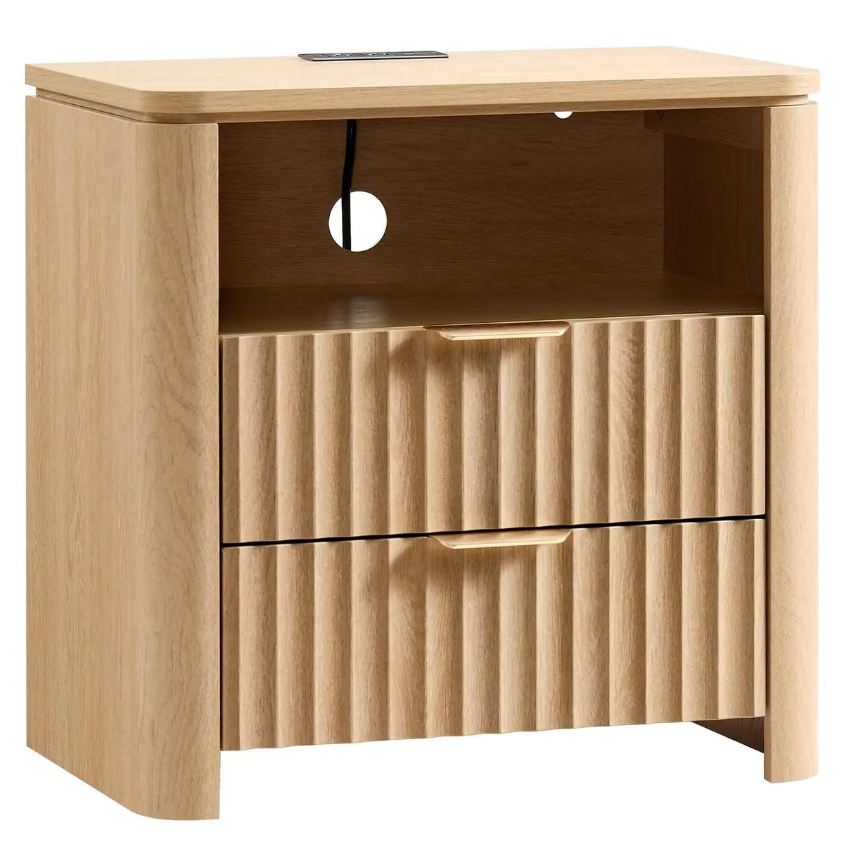 Fluted Nightstand Set Of 2 With Charging Station, 23.7" Wide Modern End Table With 2 Drawers, Wooden Bedside Table, Customized