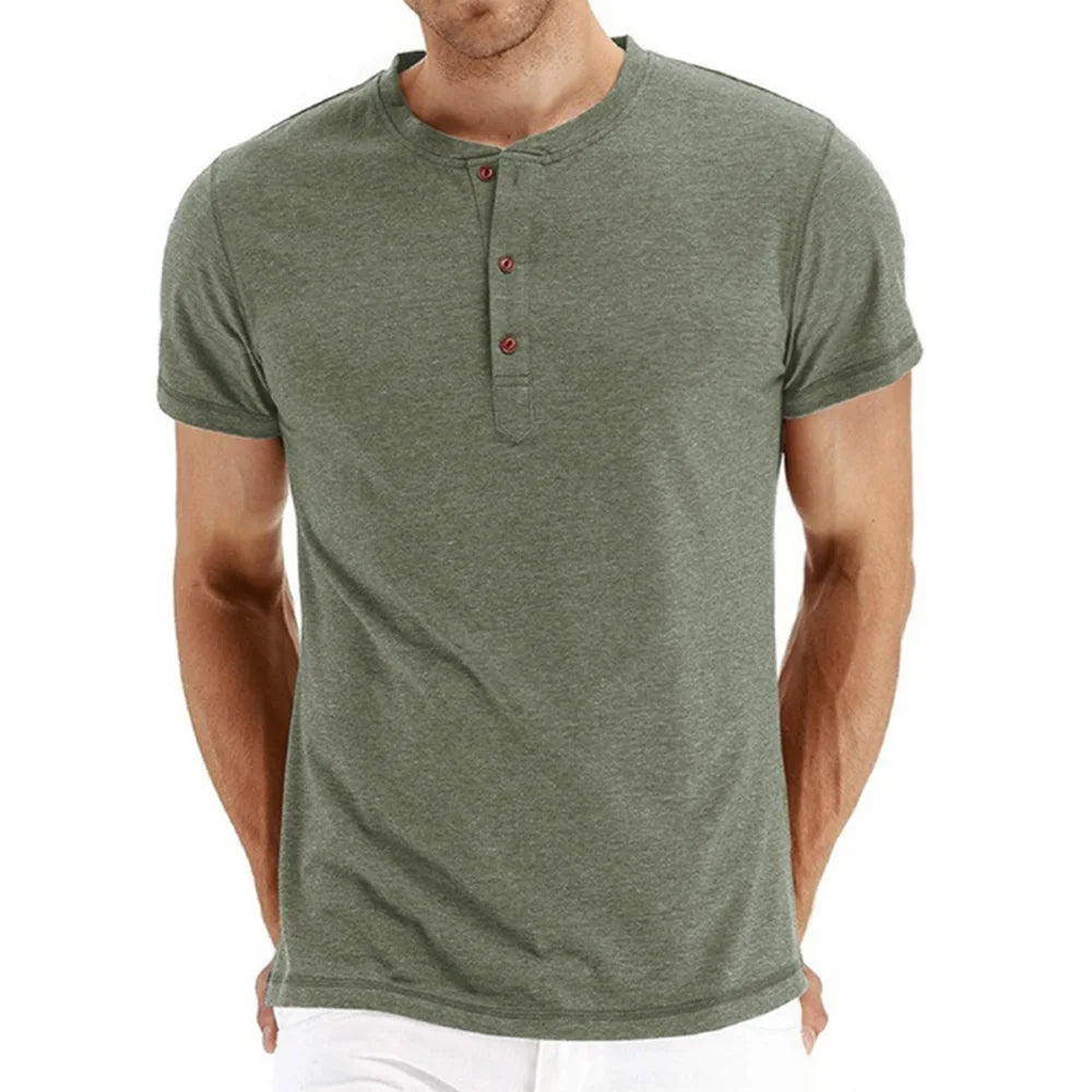 Mens Cotton T Shirt Henley Neck Slim Fit Solid Short Sleeve Premium Quality For Men