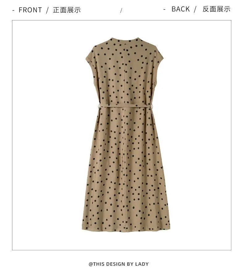Cotton and Linen Dress French Polka Dot Print Fashion Long Skirt Summer New V-neck Casual Lace-up A-line Skirt