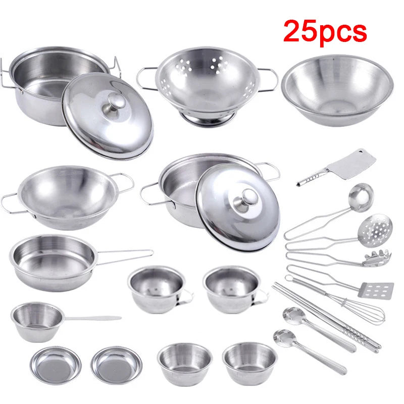 Juego de utensilios de cocina MINI de juguete para niños y niñas de acero inoxidable, pueden guardar alimentos, juguetes de cocina educativos de juego de imitación