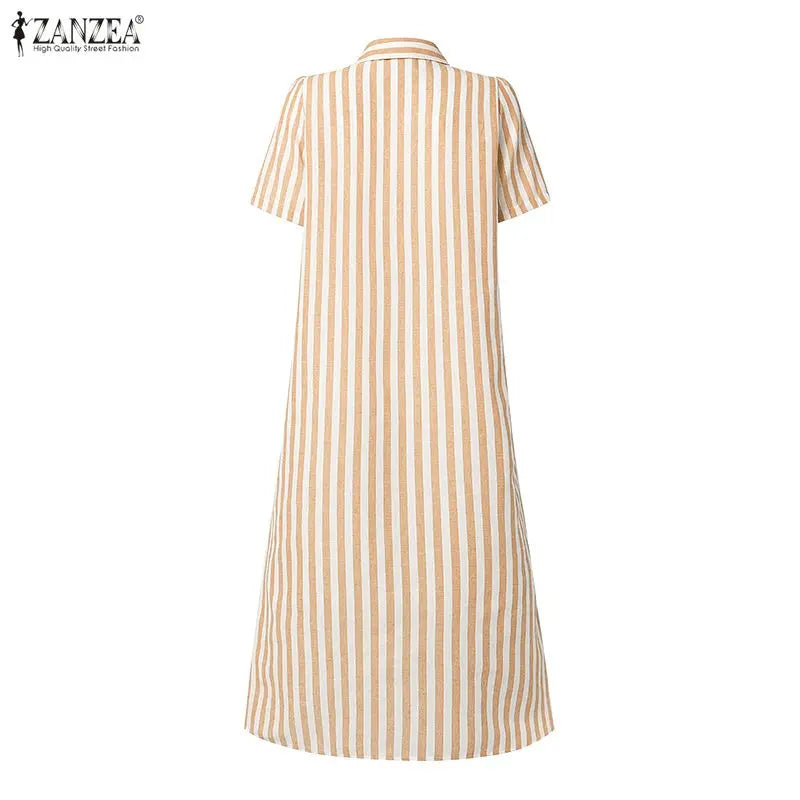 Summer Casual Short Sleeve Striped Midi Dress Women Turn-Down Collar Ruffled Hem Dresses ZANZEA Everyday Wear A-Line Vestidos