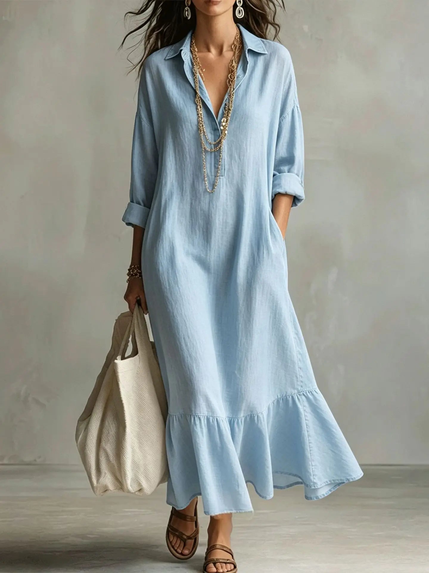 Spring Autumn New Fashion Button Lapel Long Sleeve Shirt Women's Loose Dress Casual Simple Retro Ruffled Swing Dress Female2026