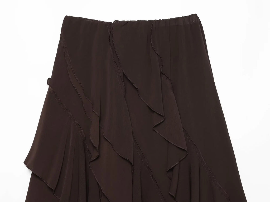 Women's Skirts Summer 2026 New Brown Ruffled Elastic Waist Skirts Women's Fashion Elegant Office Youth Summer Skirts Street