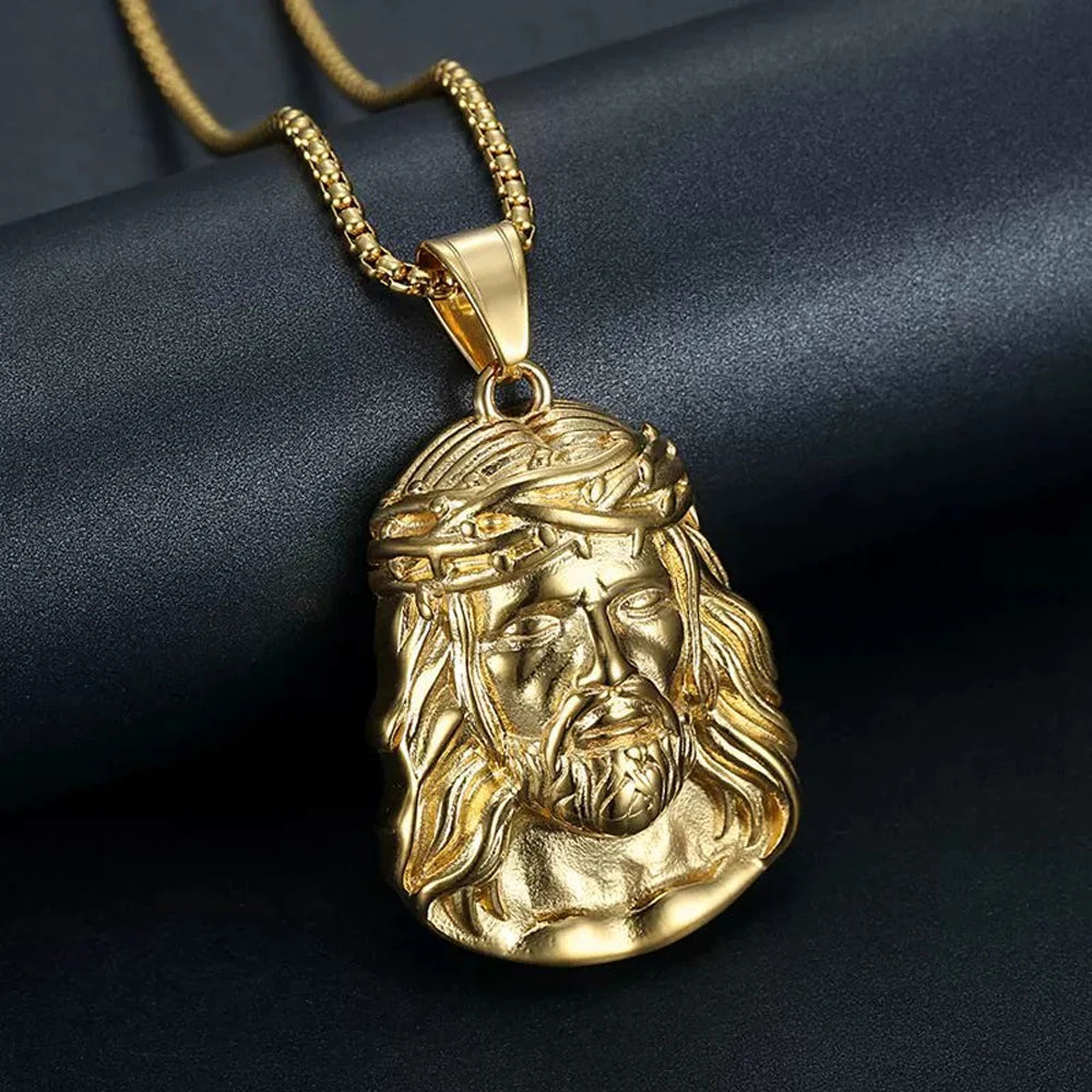 Stainless Steel Titanium God Jesus Human Head Gold Plated Portrait Pendant Necklace with 3mm Chain For Men Women Hip Hop Jewelry
