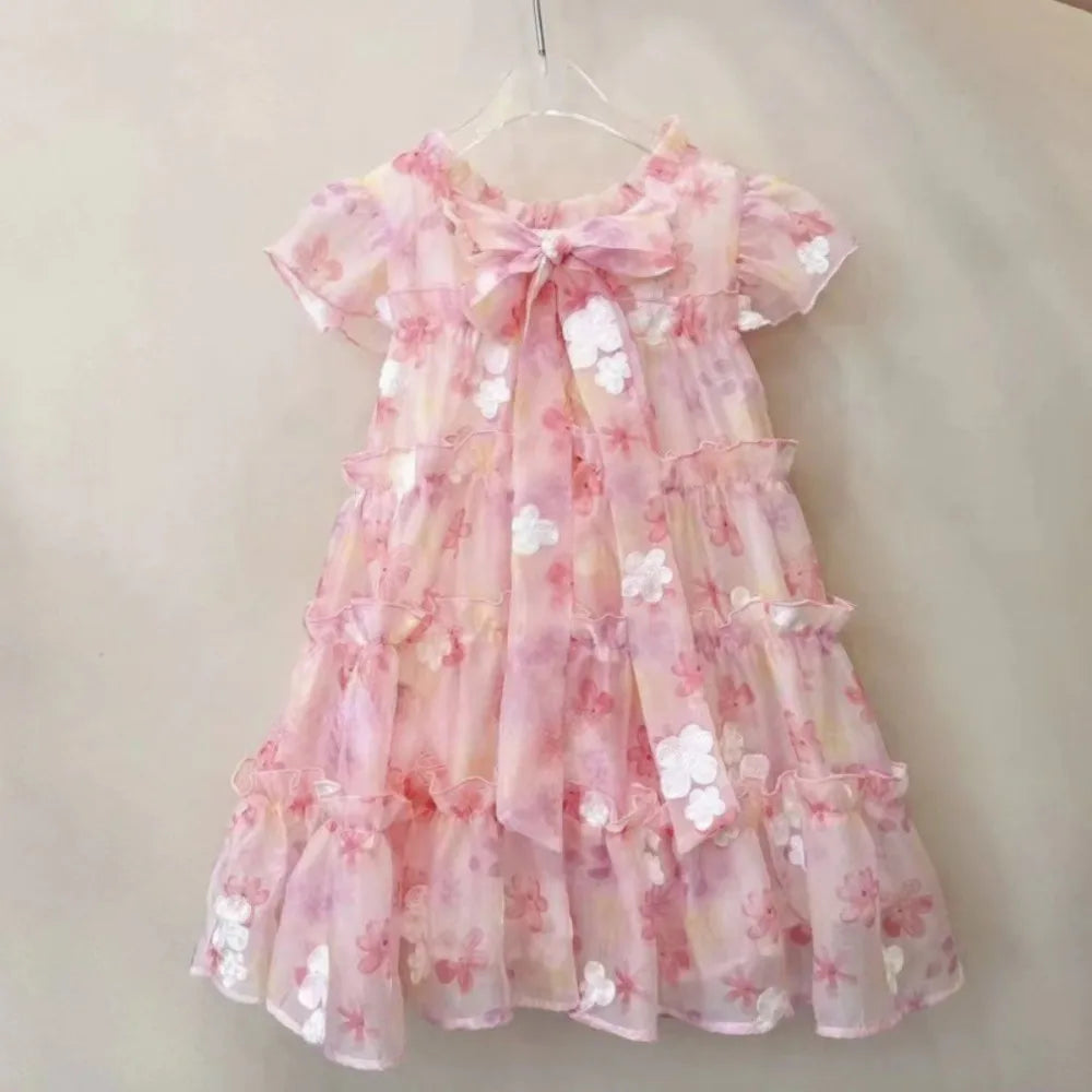 Summer New Pink 3-7 Year Old Girl Casual Clothes Round Neck Lace Floral Puff Cake Princess Sleeveless Dress Sweet Birthday