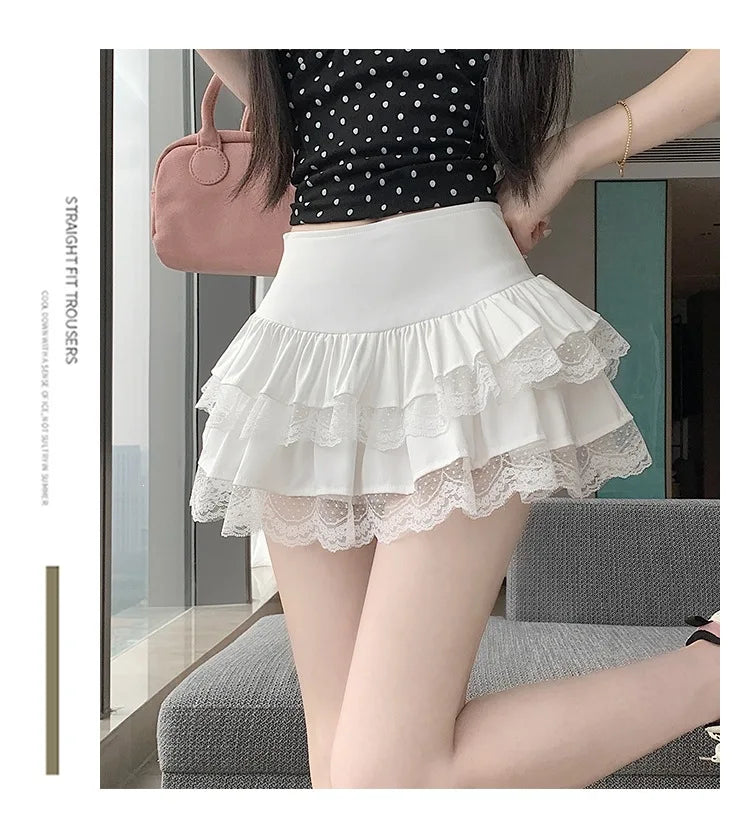 Pure Desire Lace A-Line Mini Skirt High Waist Puffy Sweet Style Short Cake Skirt Cotton Blend Fabric Summer Women's Dress