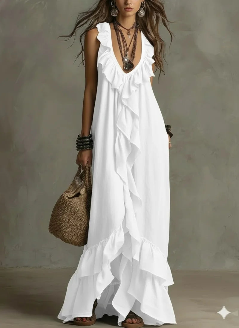Boho Ruffled Maxi Dress Deep V Sleeveless Cascading Ruffle Loose Flowy Floor Length Beach Vacation Casual Long Dresses Cover Up