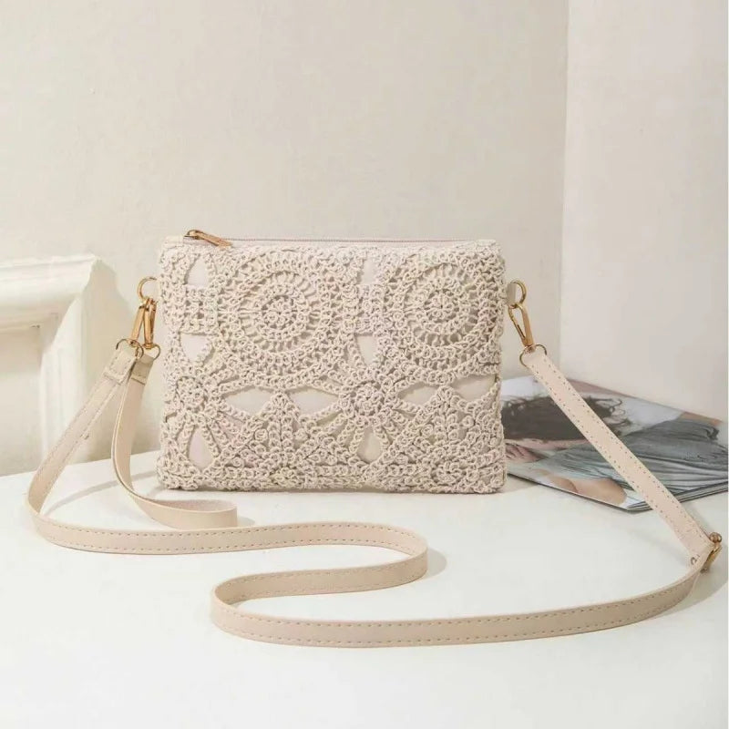 Simple Versatile Crossbody Crochet Bag, New Woven Bag, Zipper Closure, Retro Casual Beach Flower Women's Bags