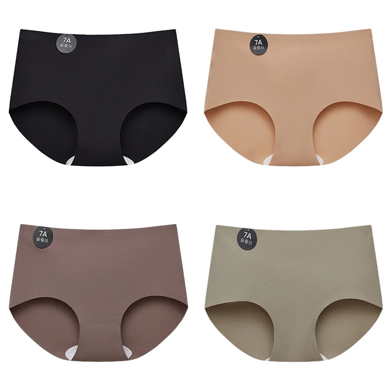 Falllsweet 4Pcs Women Seamless Silk Panties Soft Thin Female Underwear Sexy Mid-Rise Briefs Ice Silk Underpants Lingerie M-2XL
