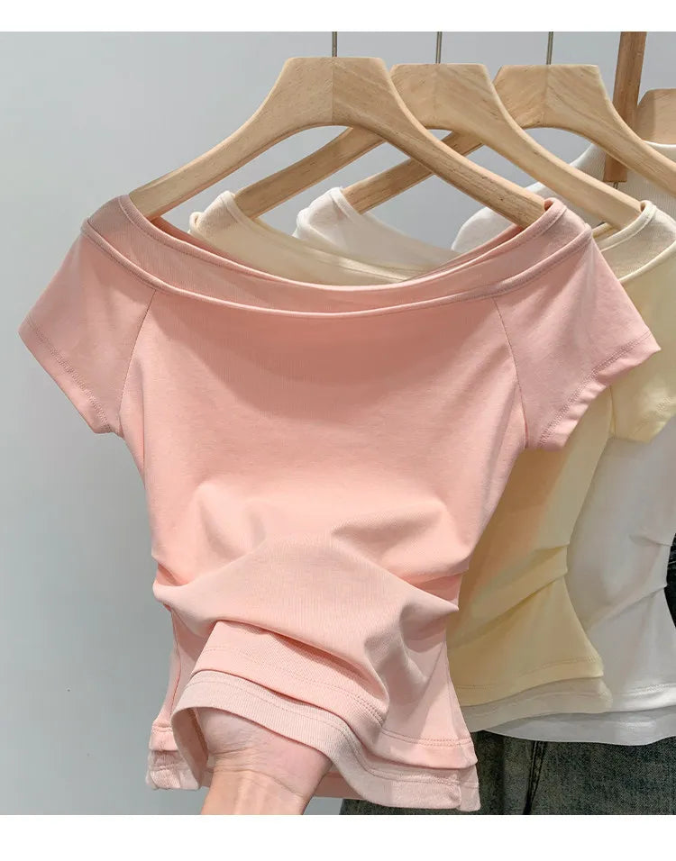 Unique Shoulder-Baring Pink Short-Sleeve T-Shirt Women's Summer New Style Korean Version Slim Fit Commute Style Cotton Material