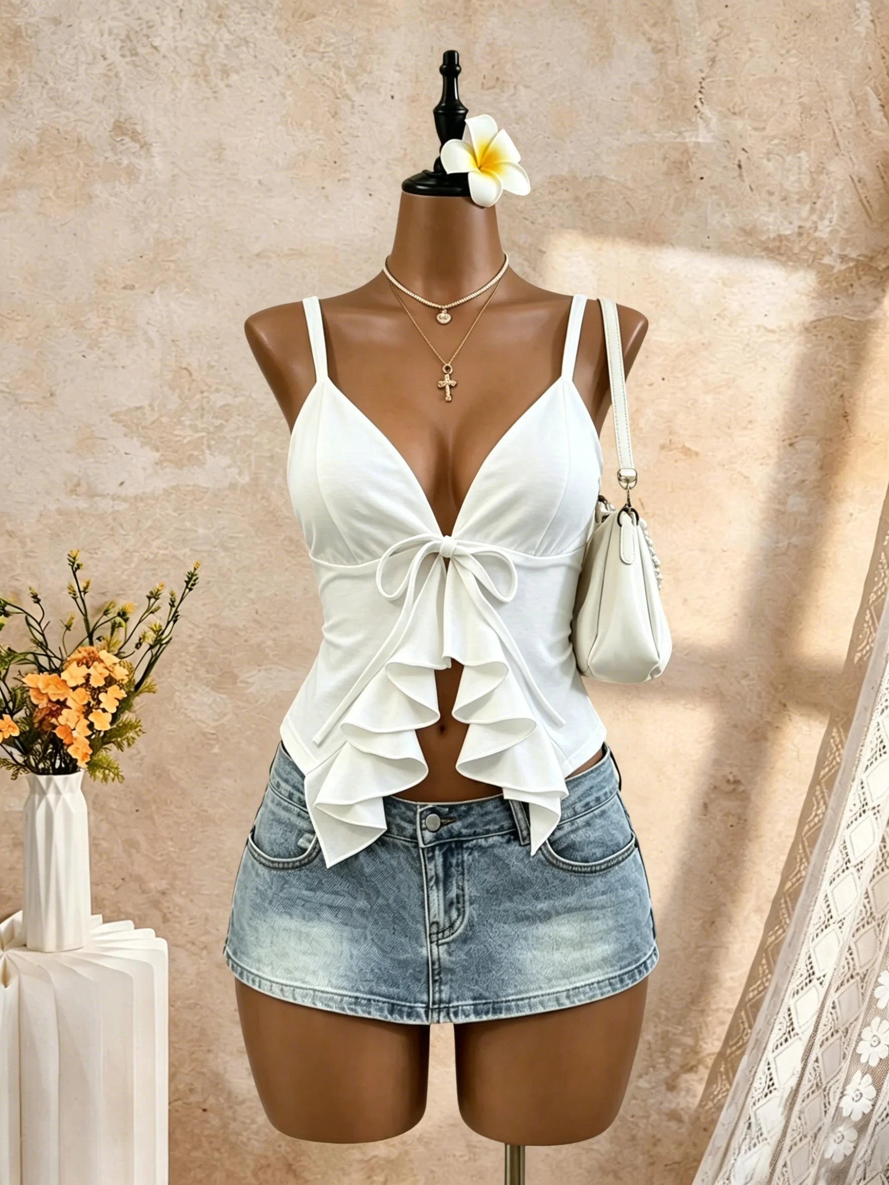 Women Thin Spaghetti Strap V Neck Front Big Tie Ruffle Cutout Slim Camisole 2026 Summer Y2K Going Out Streetwear Tank Tops