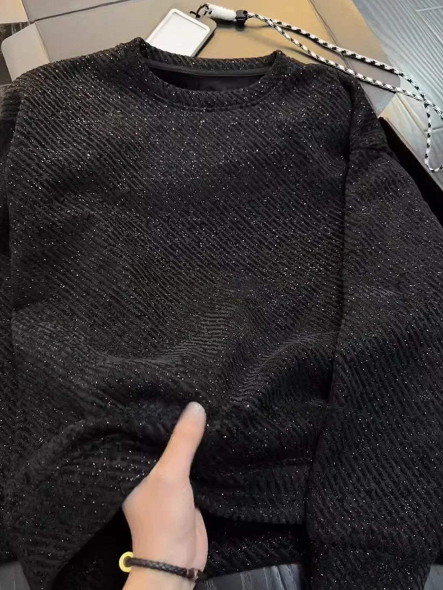 Black round Neck Long Sleeve Sweatshirt Men's Autumn Winter Heavyweight Base Layer Shirt Tianxing Comfortable Casual Style