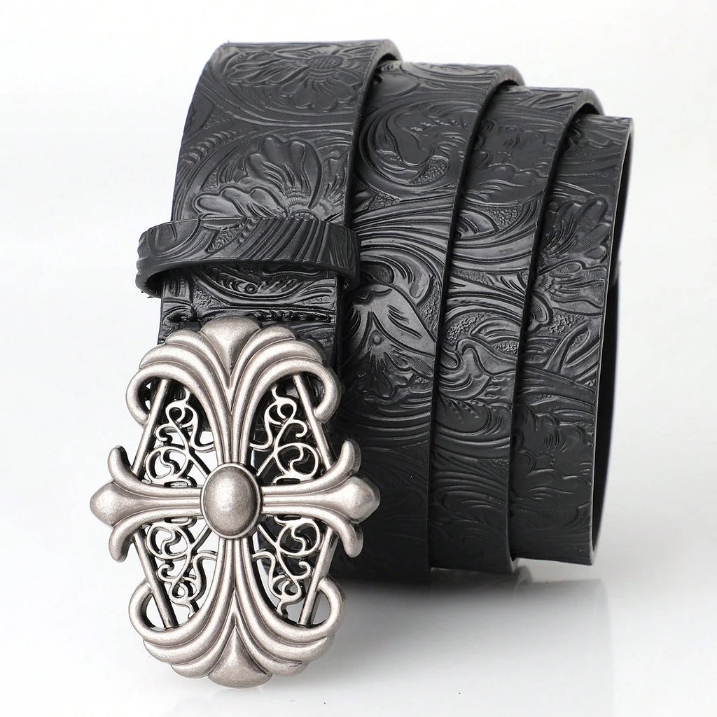 Retro Men's Belt Bohemian Style-Chic Black PU Leather Belt Fashion Vintage Hollow Buckle Belt Punk Rock Y2K Style，For Men Women