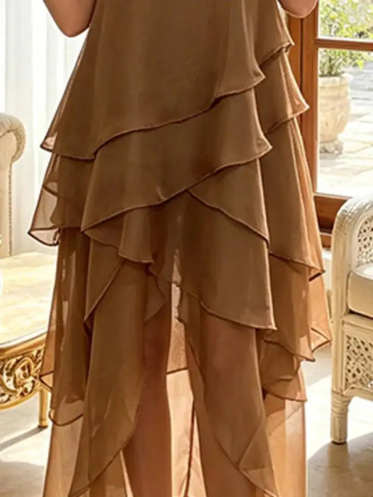DEAT Women Spaghetti Strap Tiered Ruffle Maxi Dress Asymmetrical Hem Loose Fit Lightweight Chiffon Casual Breathable 2026 New