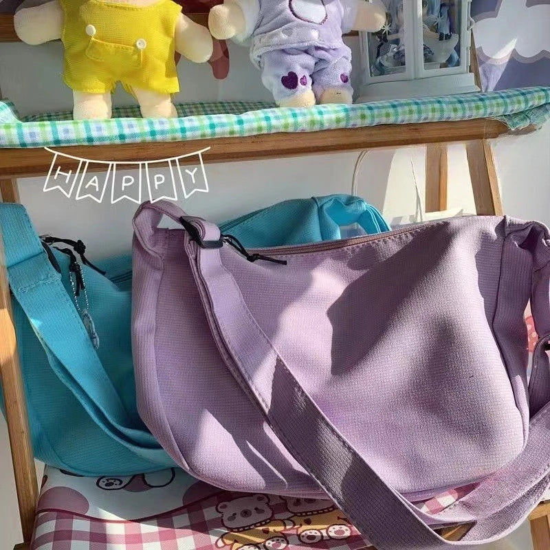 Canvas Crossbody Bag, Large Capacity Casual Shoulder Purse with Cute Bag Charm, Adjustable Strap for Teen School Sling Bag