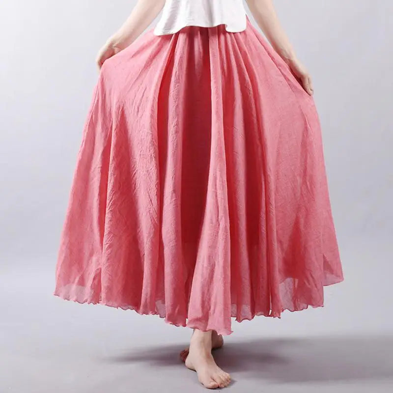 Women's Elegant High Waist Linen Maxi Skirt 2026 Summer Ladies Casual Elastic Waist 2 Layers Skirts Saia Feminina 20 Colors SK53