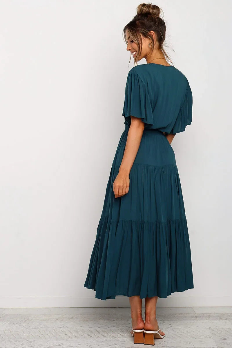 Summer Bohemian Long Dress Pure Color V-Neck Short Sleeve Empire Waist Design Floor Length with Belt Loose Fit Women's Dress
